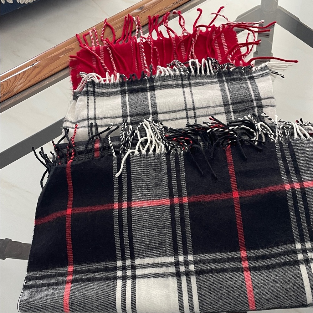 Plaid Fringe Scarf in Black and Red and White